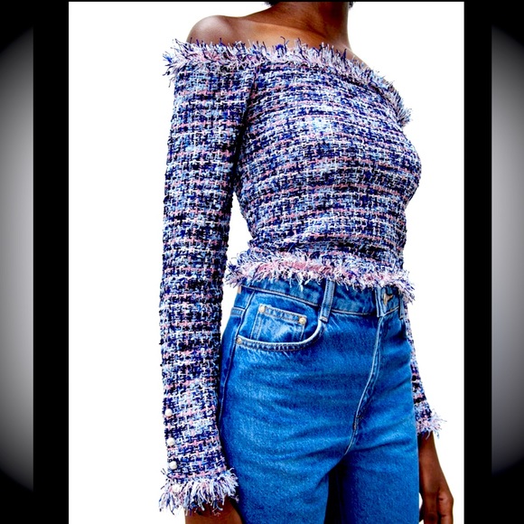 Zara Tops - Zara textured pink metallic fibers stretching tweed frayed hem long sleeves top